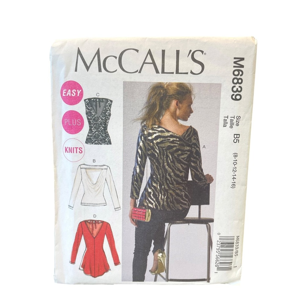 McCalls Sewing Pattern Misses 8-10-12-14-16 M6839 Knit Tops Tunics Cowl V-Neck